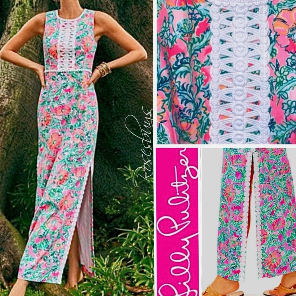 NWT LILY PULITZER 10 Ashler Stretch Maxi Sheath Dress Soleil Pink Perfect Poppy